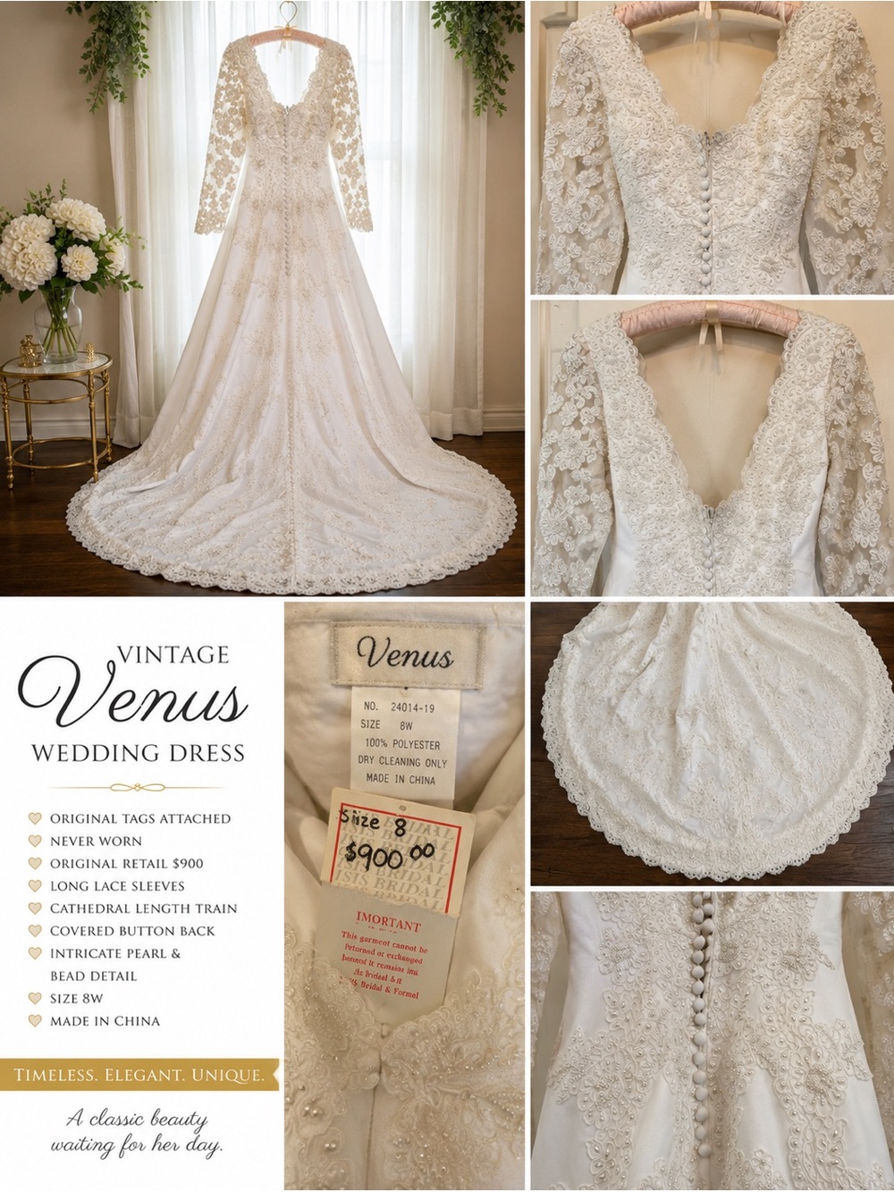 VENUS Ivory Lace Long-Sleeve Cathedral Train Wedding Dress
